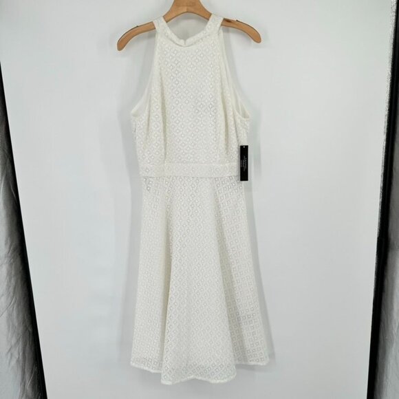 Tahari white eyelet Sleeveless Dress Womens Size 10 cotton mock neck tie new - Picture 4 of 14